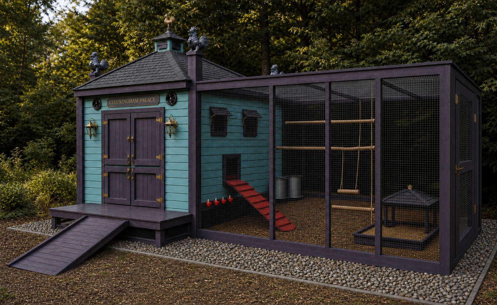 Concept portrait of the teal Cluckingham Palace coop and its twelve-foot chicken run with deep purple trim